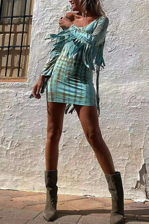 Trixiedress Tie Dye Long Sleeves Tassle Mini Dress