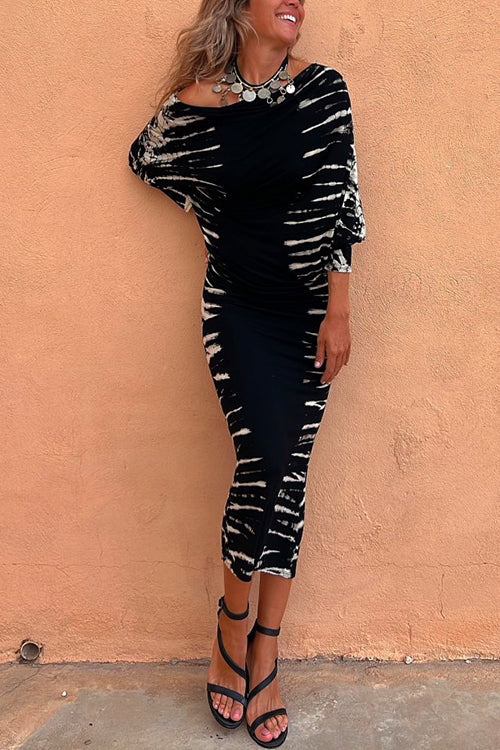 Trixiedress Cold Shoulder Batwing Sleeve Waisted Tie Dye Dress