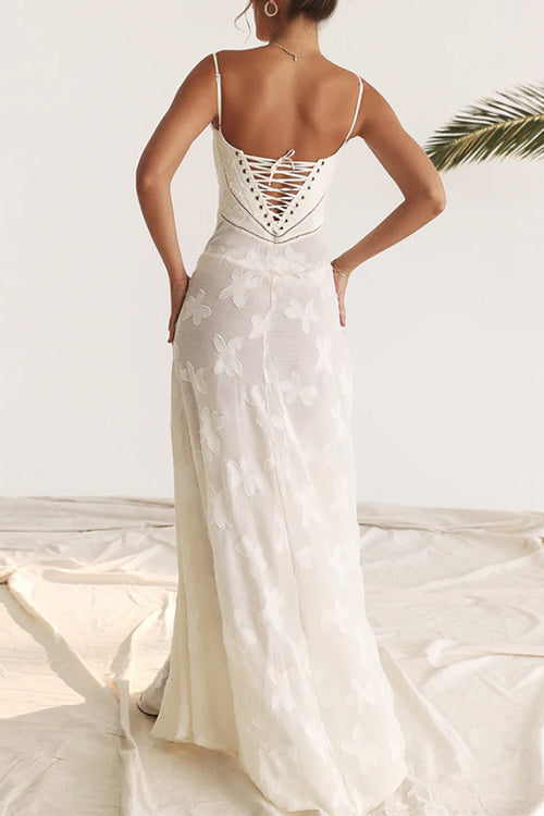 Trixiedress Spaghetti Strap Back Lace-up Applique Flower Lace Maxi Dress