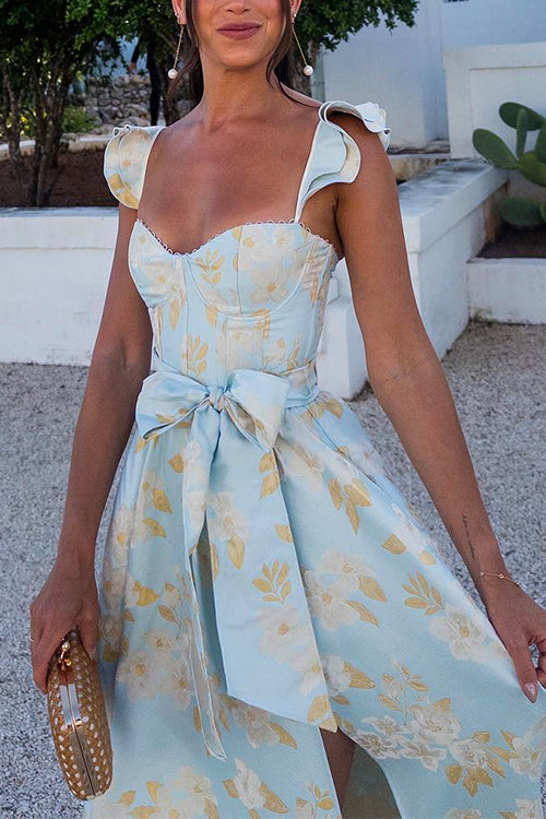 Trixiedress Ruffled Shoulder Bow Knot Waist Slit Printed Vintage Party Dress