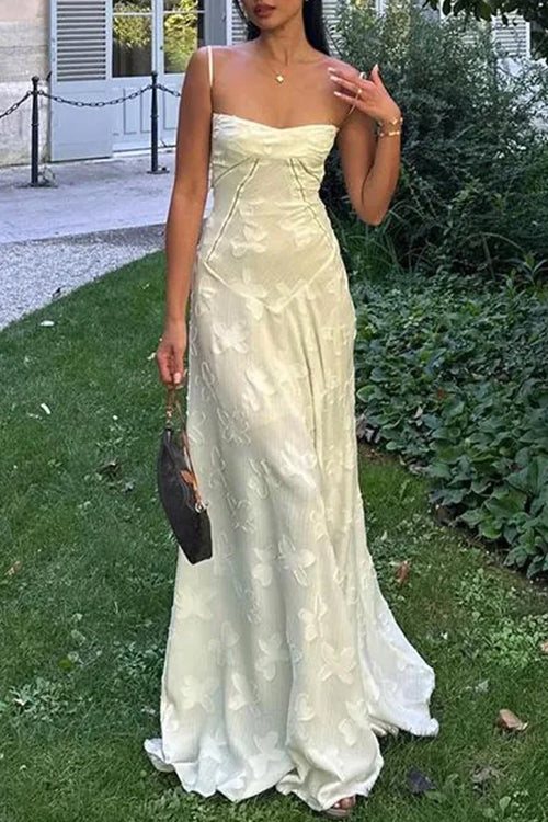 Trixiedress Spaghetti Strap Back Lace-up Applique Flower Lace Maxi Dress