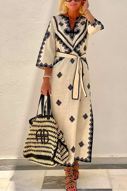 Trixiedress V Neck Tie Waist Side Split Bohemia Printed Maxi Dress