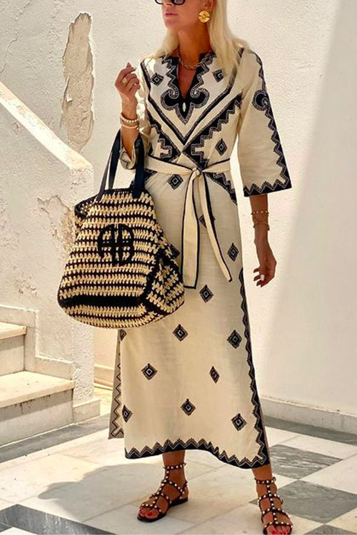 Trixiedress V Neck Tie Waist Side Split Bohemia Printed Maxi Dress