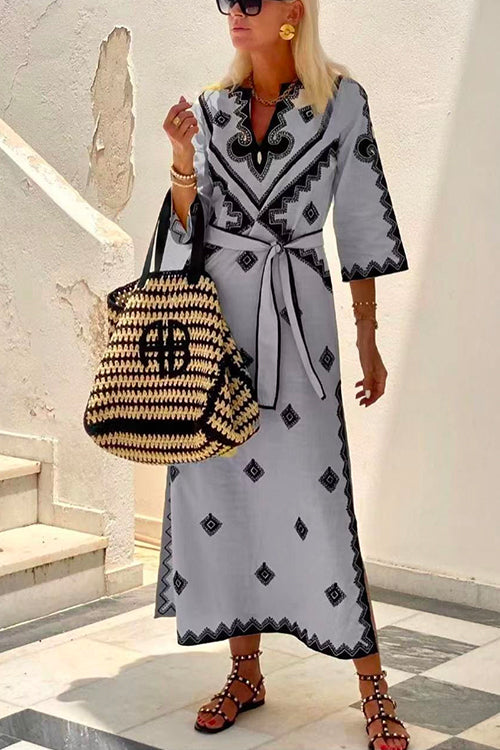 Trixiedress V Neck Tie Waist Side Split Bohemia Printed Maxi Dress