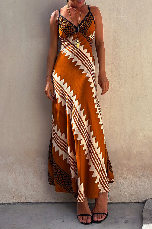 Trixiedress V Neck Color Block Printed Maxi Swing Cami Dress