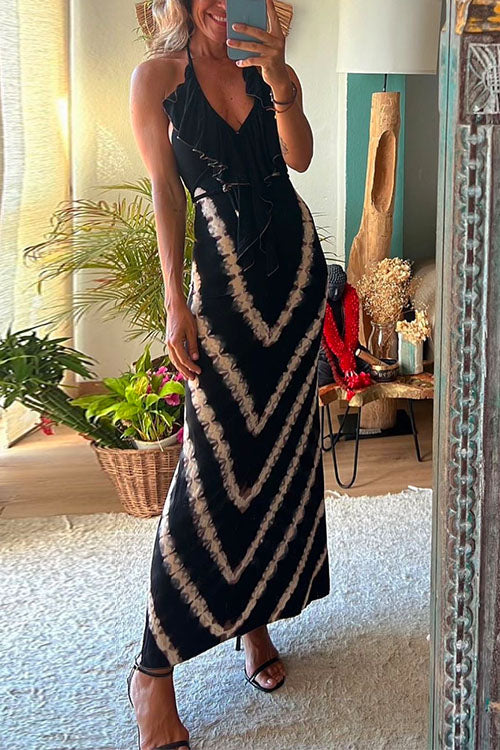 Trixiedress Halter V Neck Ruffle Drape Front Printed Maxi Dress