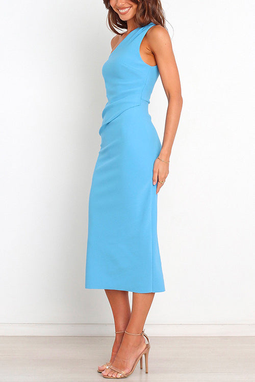 Trixiedress One Shoulder Sleeveless Side Split Ruched Midi Dress