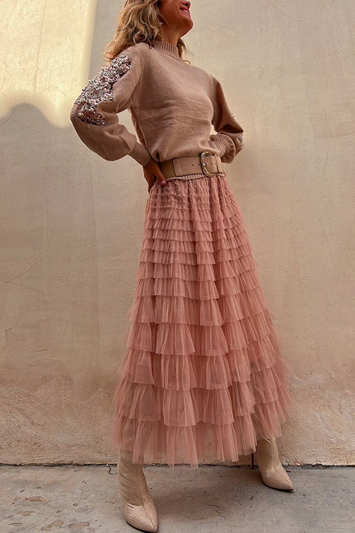 Trixiedress Tulle Layered Ruffle Mesh Maxi Skirt