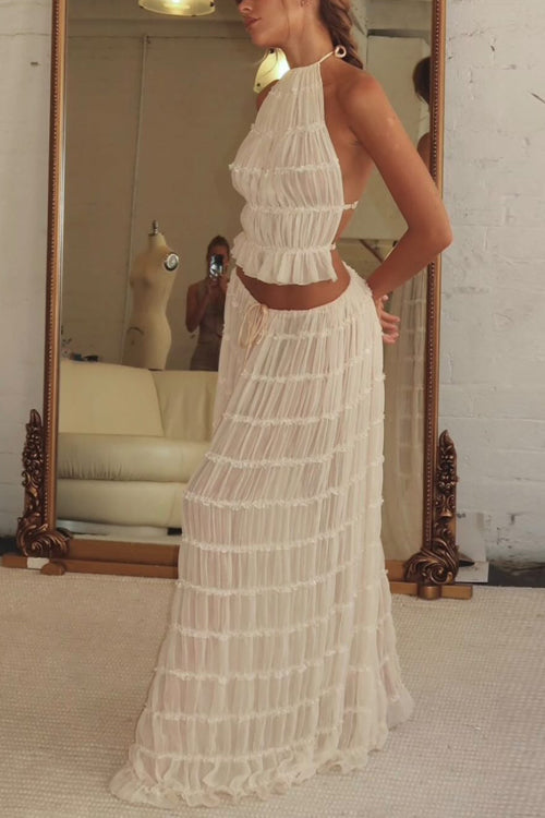 Trixiedress Ruffle Trim Halter Backless Crop Top Drawstring Waist Pleated Maxi Skirt Set
