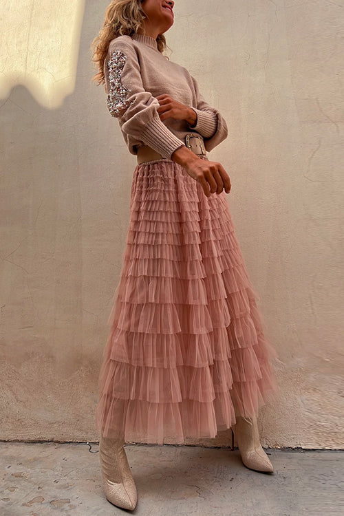 Trixiedress Tulle Layered Ruffle Mesh Maxi Skirt