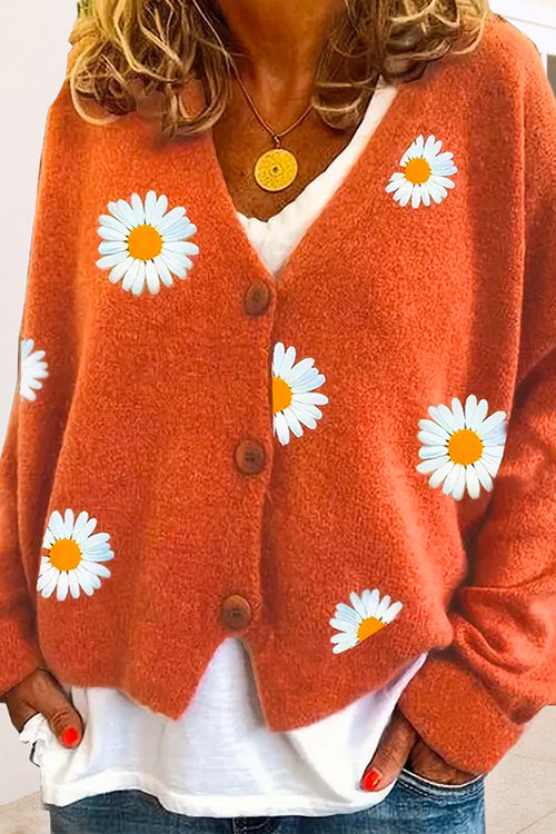 Trixiedress V Neck Button Up Daisy Embroidery Sweater Cardigan