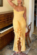 Trixiedress Spaghetti Strap Mesh Splice Draped Ruffle Maxi Dress