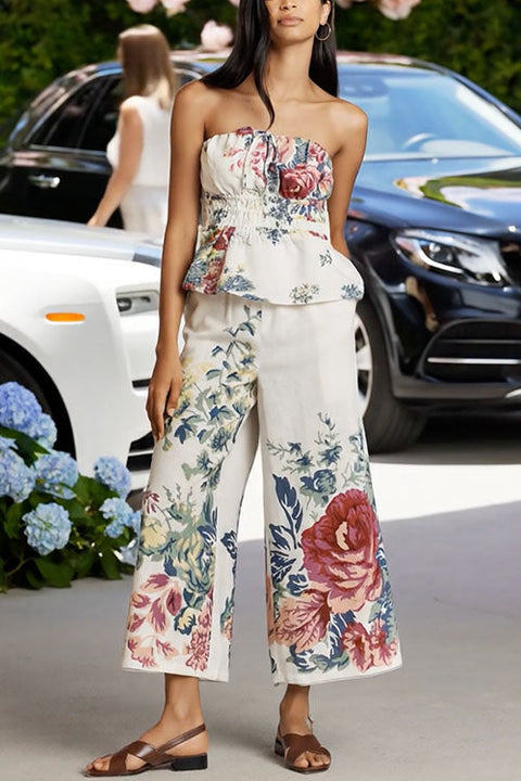 Trixiedress Floral Print Strapless Ruffle Tube Top and Smocked Waist Wide Leg Pants