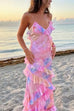 Trixiedress Spaghetti Strap Backless Ruffle Trim Printed Maxi Dress