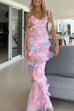 Trixiedress Ruffle Trim Open Back Printed Maxi Cami Dress