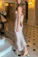 Trixiedress Halter Sleeveless Draped Fringe Bodycon Maxi Dress
