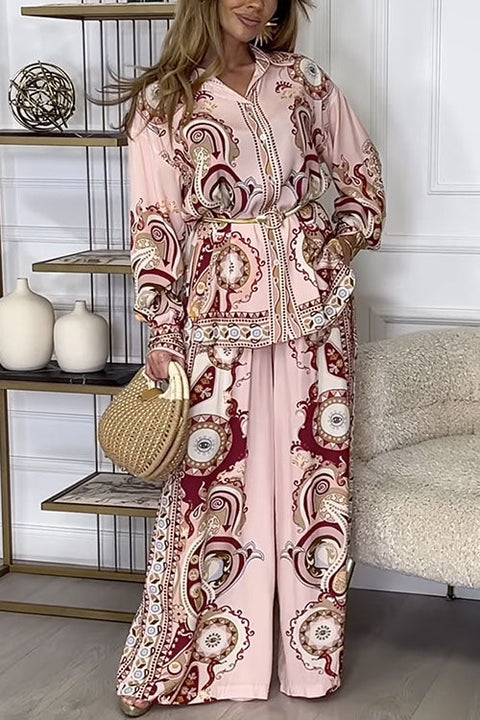 Trixiedress Unique Print Long Sleeves Button Up Shirt and Wide Leg Palazzo Pants Set