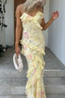 Trixiedress Spaghetti Strap Backless Ruffle Trim Printed Maxi Dress