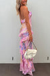 Trixiedress Ruffle Trim Open Back Printed Maxi Cami Dress