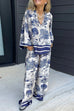 Trixiedress Lapel V Neck Long Sleeves Shirt Wide Leg Pants Printed Casual Set