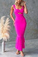Trixiedress Sleeveless Cut Out Ruched Ruffle Bodycon Maxi Dress