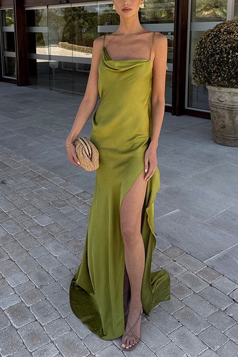 Trixiedress High Slit Back Drape Cascading Satin Maxi Cami Dress