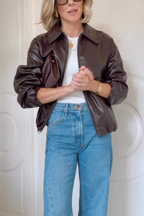 Trixiedress Lapel Zip Up Faux Leather Bomber Jacket