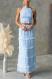 Trixiedress Frill Trim Halter Backless Crop Top and Drawstring Waist Maxi Skirt Set