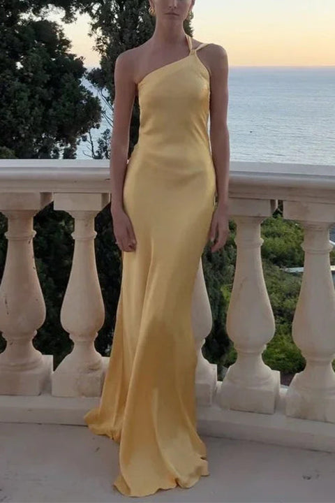 Trixiedress One Shoulder Open Back Tie Knot Satin Maxi Dress