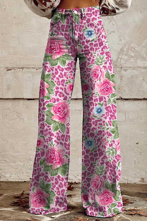 Trixiedress Leopard Floral Print Wide Leg Pocketed Pants