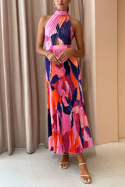 Trixiedress Halter Backless Cut Out Printed Maxi Pleated Dress
