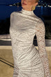 Mockneck Long Sleeves Ruched Lace Maxi Dress