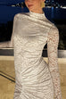 Mockneck Long Sleeves Ruched Lace Maxi Dress