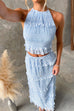 Trixiedress Frill Trim Halter Backless Crop Top and Drawstring Waist Maxi Skirt Set