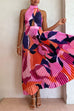 Trixiedress Halter Backless Cut Out Printed Maxi Pleated Dress