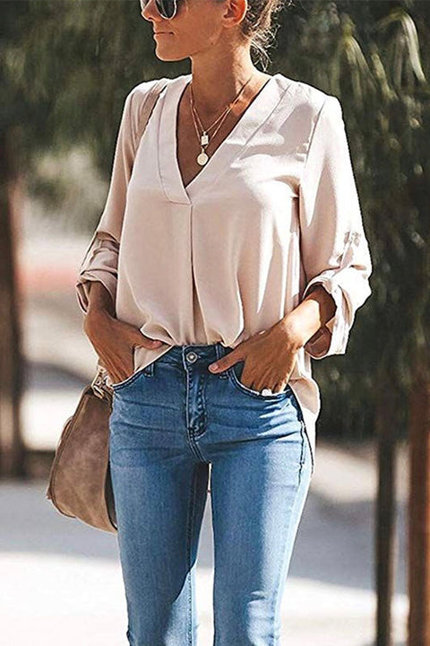 Trixiedress V Neck Roll Up Long Sleeves Blouse Shirt