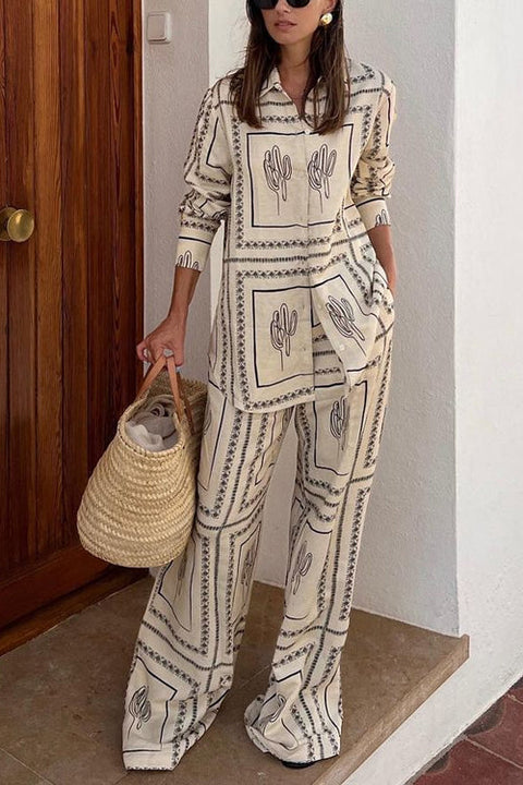 Trixiedress Cactus Print Lapel Long Sleeves Shirt Elastic Waist Wide Leg Pants Set