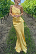 Trixiedress One Shoulder Open Back Tie Knot Satin Maxi Dress