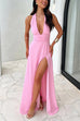 Trixiedress Deep V Neck Halter Tie Knot Backless Slit Maxi Dress