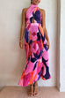 Trixiedress Halter Backless Cut Out Printed Maxi Pleated Dress