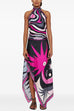 Trixiedress Printed Halter Tie Knot Backless Top and Irregular Hem Maxi Skirt Set