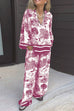Trixiedress Lapel V Neck Long Sleeves Shirt Wide Leg Pants Printed Casual Set