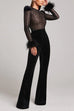 Trixiedress Feather Cuffs Bell Bottom Velvet Splice Jumpsuit
