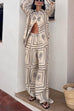 Trixiedress Cactus Print Lapel Long Sleeves Shirt Elastic Waist Wide Leg Pants Set