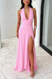 Trixiedress Deep V Neck Halter Tie Knot Backless Slit Maxi Dress