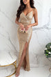 Trixiedress Spaghetti Strap V Neck High Slit Sequin Maxi Party Dress