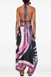 Trixiedress Printed Halter Tie Knot Backless Top and Irregular Hem Maxi Skirt Set