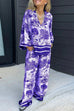 Trixiedress Lapel V Neck Long Sleeves Shirt Wide Leg Pants Printed Casual Set