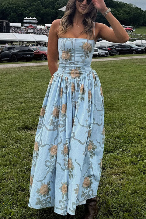 Trixiedress Spaghetti Strap Waisted Floral Print A-line Maxi Dress
