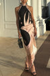 Trixiedress Halter Neck Open Back Asymmetric Hem Printed Satin Midi Dress